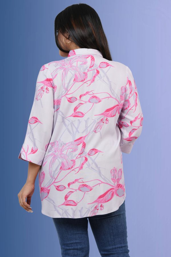 Floral Patterned Shirt Collar Long Top - Image 5