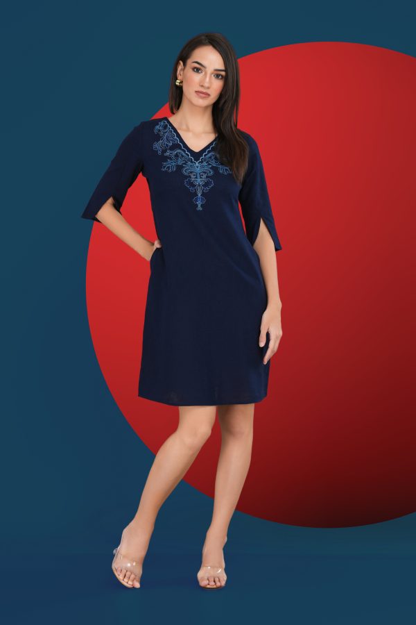 Neck Embroidered Short Dress - Image 3