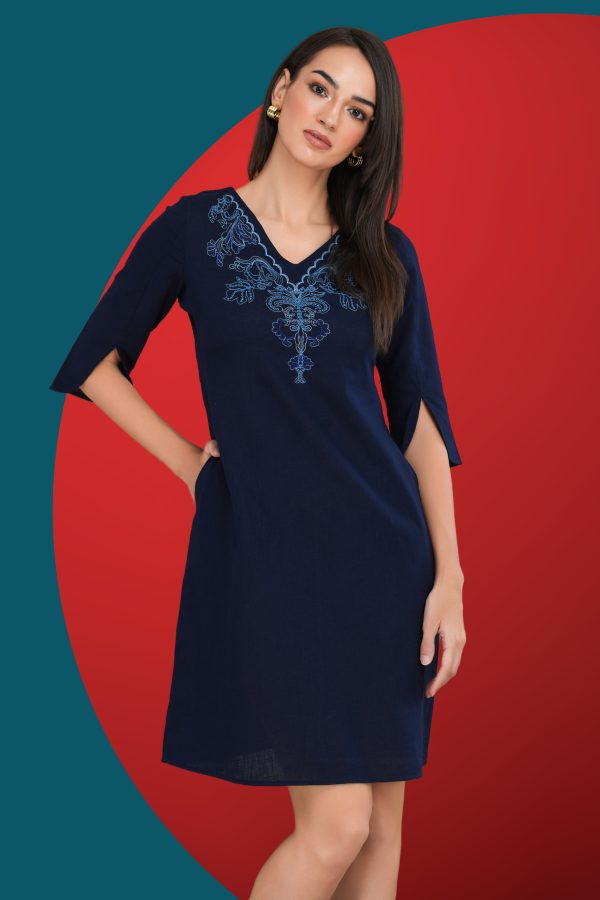Neck Embroidered Short Dress - Image 2
