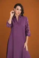 Embroidered Sleeve Shirt Collar Kurta & Pant