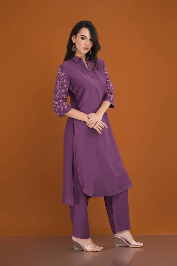 Embroidered Sleeve Shirt Collar Kurta & Pant - Image 2