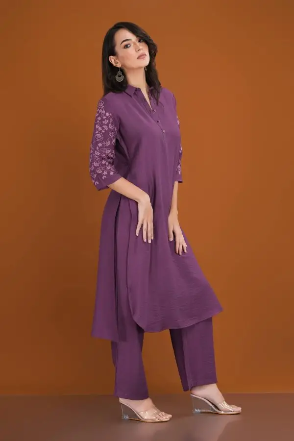 Embroidered Sleeve Shirt Collar Kurta & Pant - Image 3