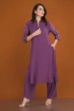 Embroidered Sleeve Shirt Collar Kurta & Pant - Image 4