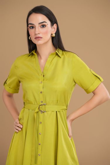 Shirt Collar Front Open Flared Short Dress