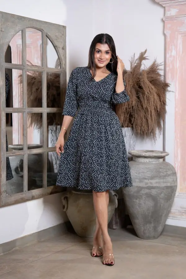 Waist Ruched Detail Printed Short Dress