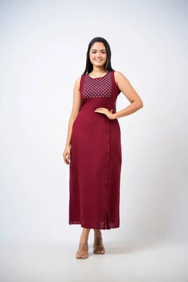 Side Button Down Sleeveless Embroidery Dress - Image 2