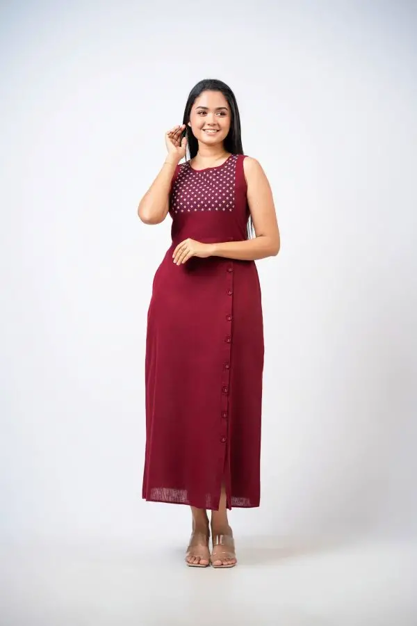 Side Button Down Sleeveless Embroidery Dress - Image 3