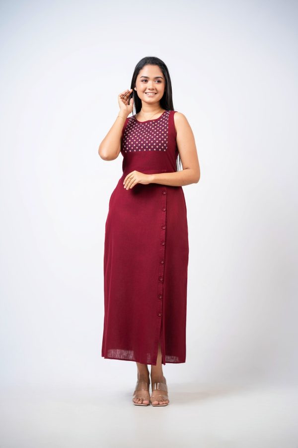 Side Button Down Sleeveless Embroidery Dress - Image 3