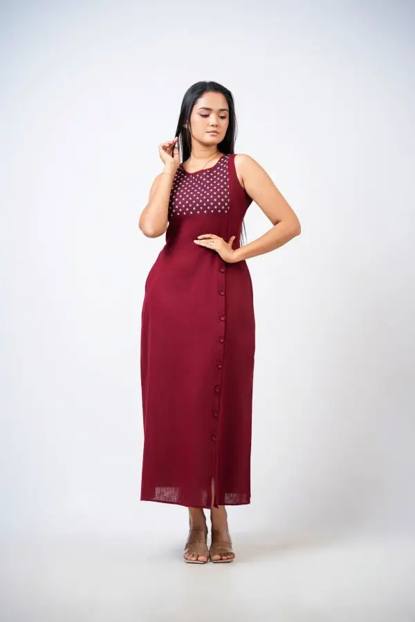 Side Button Down Sleeveless Embroidery Dress - Image 4