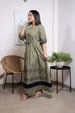 Front Tie-Up Contrast Embroidery Maxi Dress - Image 5