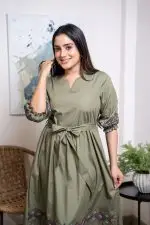 Front Tie-Up Contrast Embroidery Maxi Dress