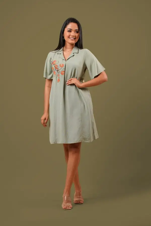 Lapel Collared Floral Embroidery Short Dress - Image 4