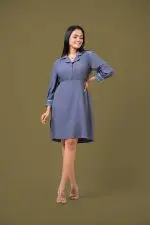 Yoke & Cuff Embroidered Front Slit Short Dress - Image 4