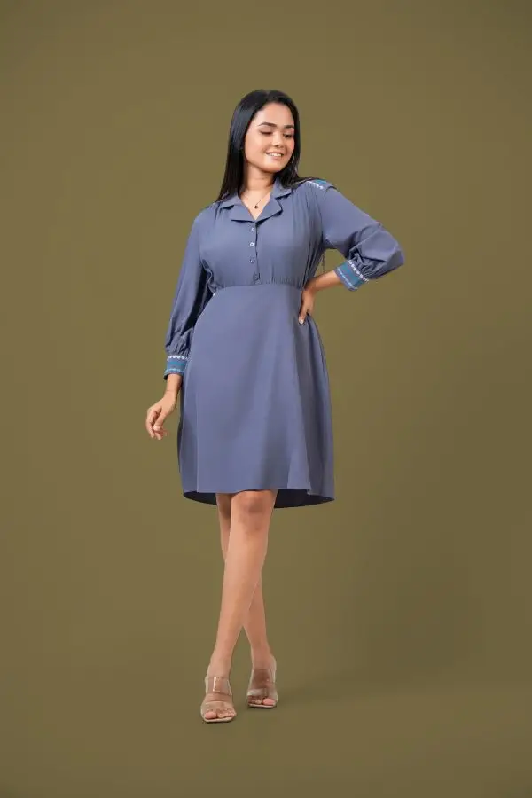 Yoke & Cuff Embroidered Front Slit Short Dress - Image 4