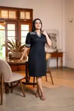 Puff Sleeve Embroidery Short Dress - Image 4