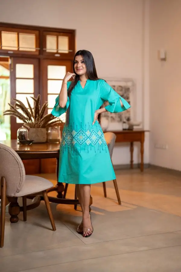 Embroidered Frilled Sleeve Short Dress - Image 2