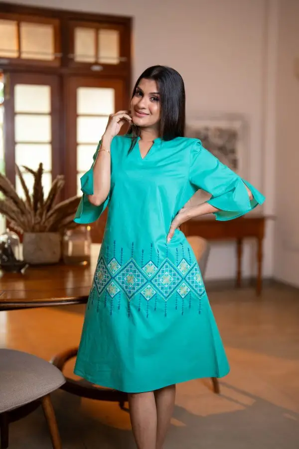 Embroidered Frilled Sleeve Short Dress - Image 3