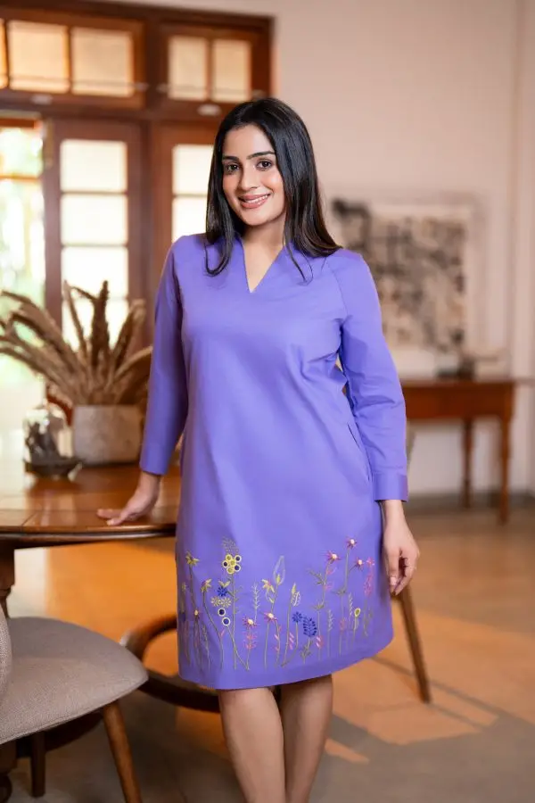 Floral Hem Embroidery Short Dress