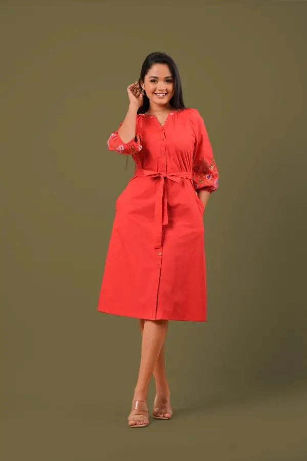 Sleeve Embroidered Button Up Short Dress - Image 5