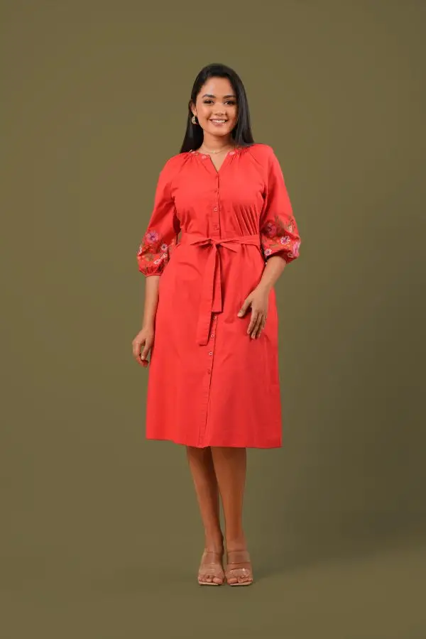 Sleeve Embroidered Button Up Short Dress - Image 4