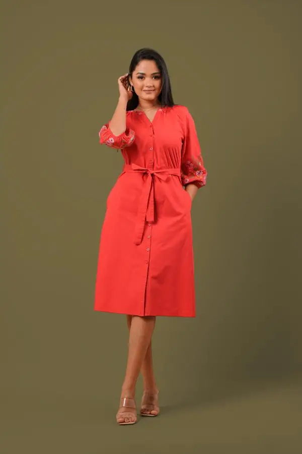 Sleeve Embroidered Button Up Short Dress - Image 3