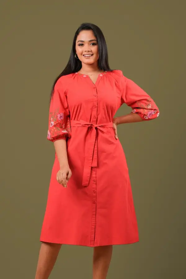 Sleeve Embroidered Button Up Short Dress - Image 2