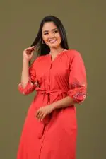 Sleeve Embroidered Button Up Short Dress