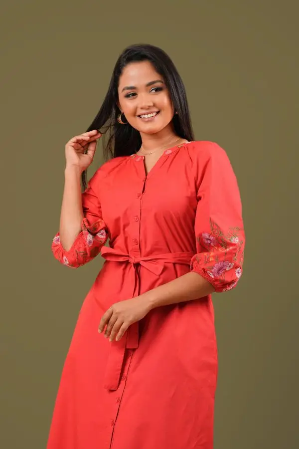 Sleeve Embroidered Button Up Short Dress
