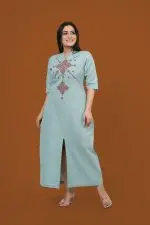 Notch Neck Front Slit Embroidered Maxi Dress - Image 5