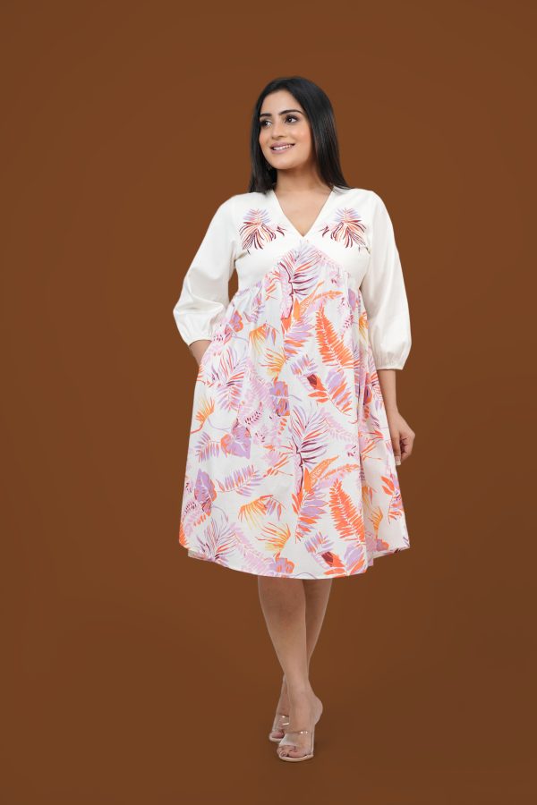 Floral Printed Flared Embroidery Detail Short Dress - Image 2
