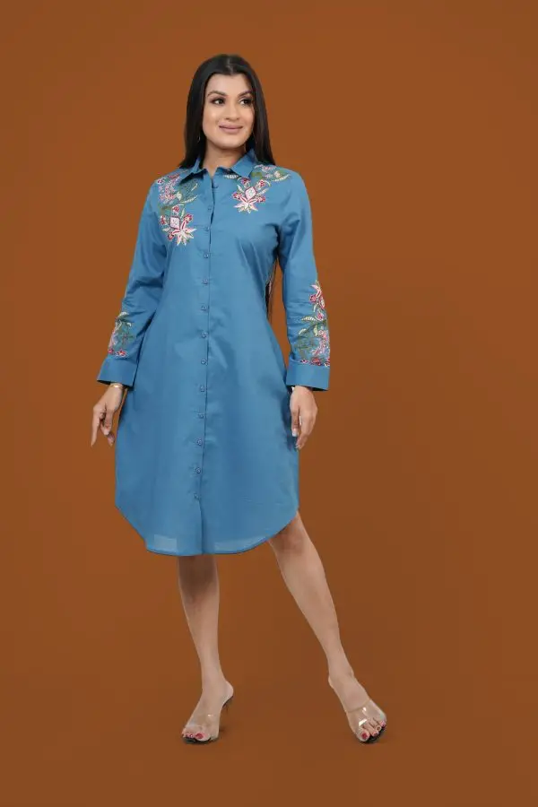 Curved Hem Embroidery Shirt Dress - Image 4