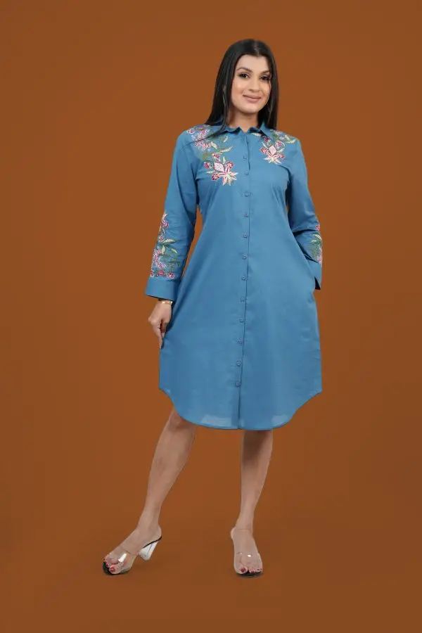 Curved Hem Embroidery Shirt Dress - Image 5