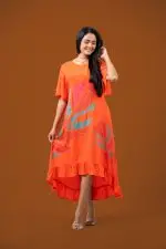 Printed Frilled Hem Detailed High-Low Midi Dress - Image 3