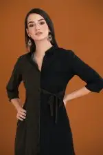 Two-Tone Tie-Up Shirt Dress