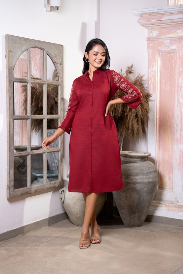 Sleeve Knife Pleat Detail Embroidered Midi Shirt Dress - Image 5