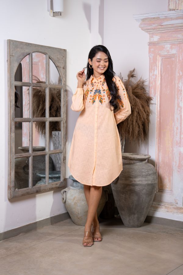 Feather Embroidery Detailed Curve Hem Short Shirt Dress - Image 5