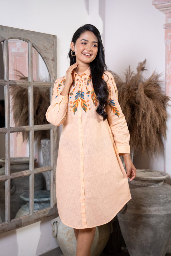 Feather Embroidery Detailed Curve Hem Short Shirt Dress - Image 2