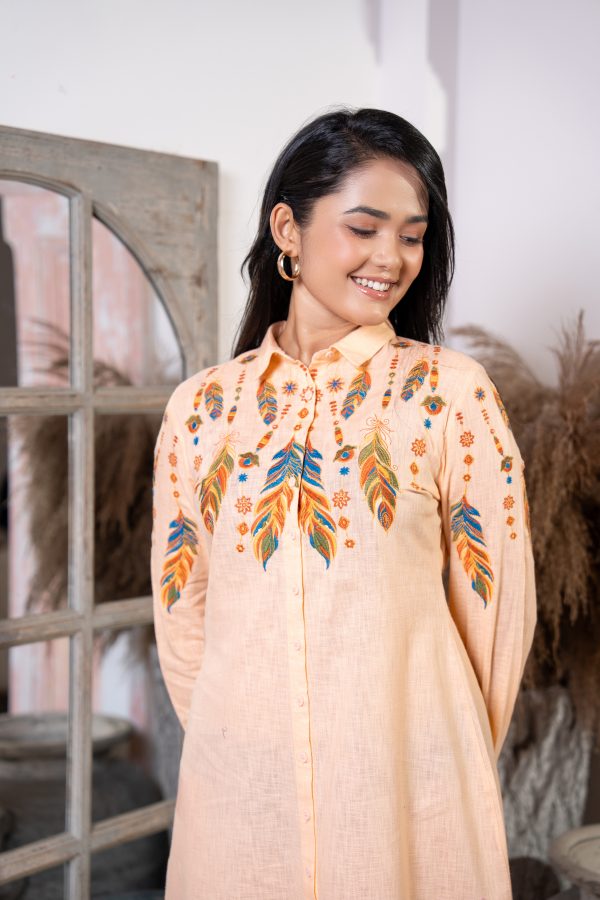 Feather Embroidery Detailed Curve Hem Short Shirt Dress - Image 3
