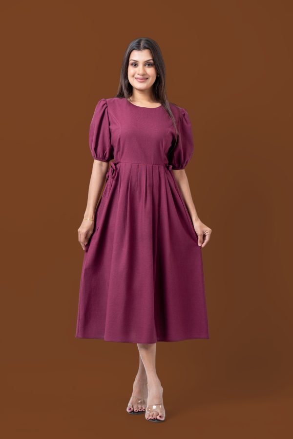 Side Tie-Up Puff Sleeve Front Knife Pleat Detailed Midi Dress