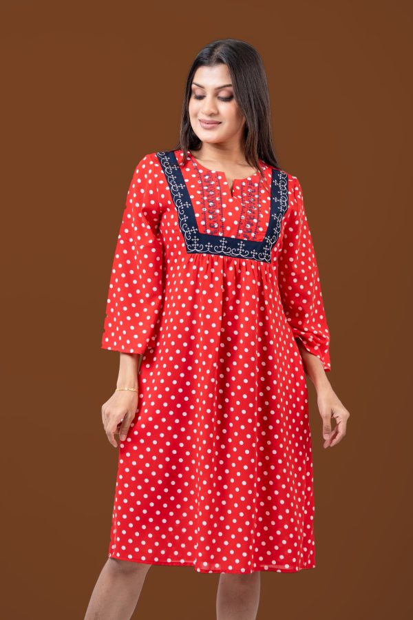 Polka Dot Colour Block Embroidery Detail Short Dress - Image 3