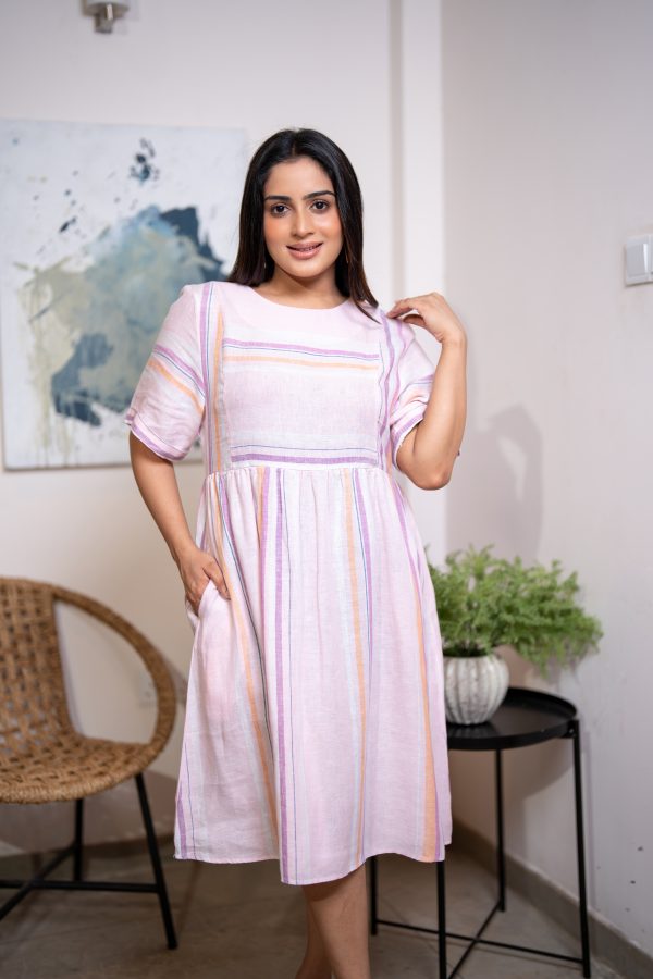 Stripe Printed Round Neck Short Dress - Image 2