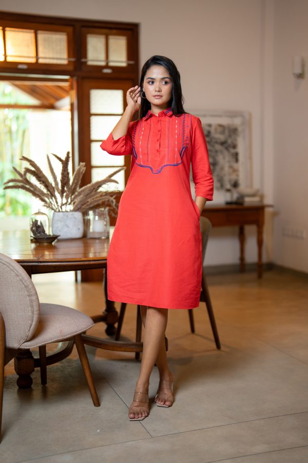 Half Placket Embroidery Detailed Short Shirt Dress - Image 4