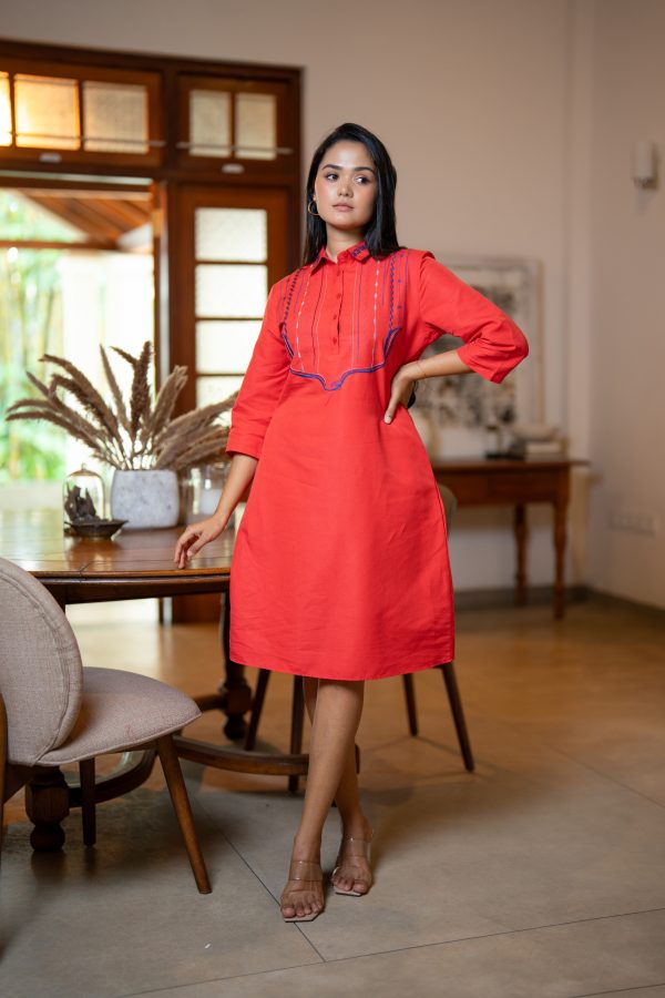 Half Placket Embroidery Detailed Short Shirt Dress - Image 3