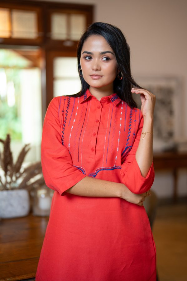 Half Placket Embroidery Detailed Short Shirt Dress