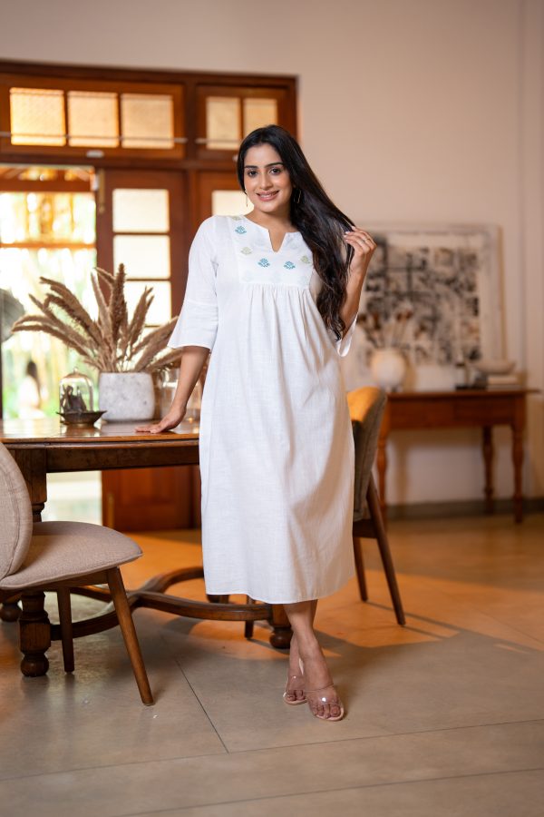 Yoke Embroidered Notch-Necked Midi Dress - Image 3