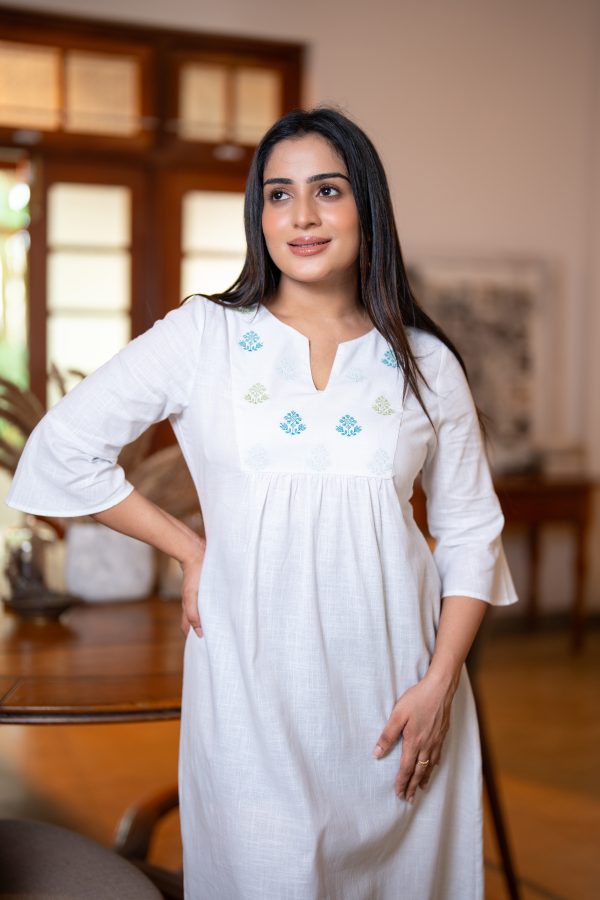 Yoke Embroidered Notch-Necked Midi Dress