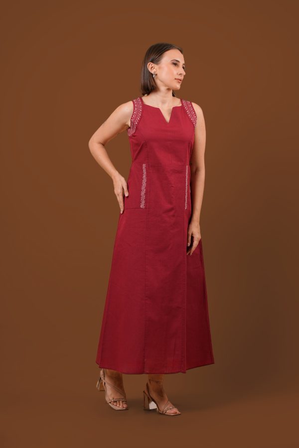 Cutaway Armhole Detail Notch Neck Embroidered Maxi Dress