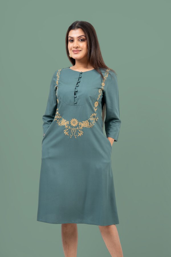 Button Detail Embroidered Short Dress