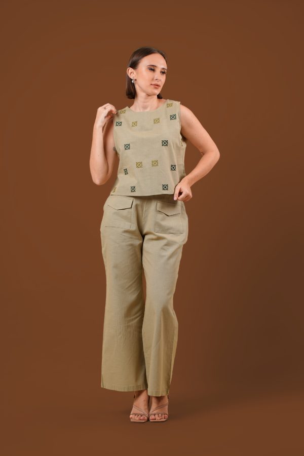 Embroidered Casual Sleeveless Top and Pants Set