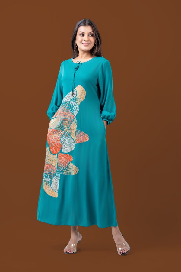 Abstract Printed Front Cord Detail Maxi Dress